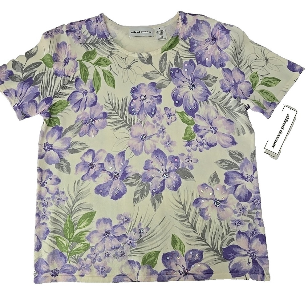 Alfred Dunner Provence Floral‎ Sequin Knit Top Small SS Sweater Garden Party NWT